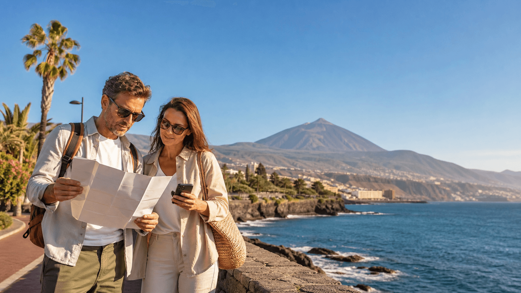 Sunlit Tenerife beach with turquoise water, golden sand, palm trees, and volcanic mountains under a clear blue sky