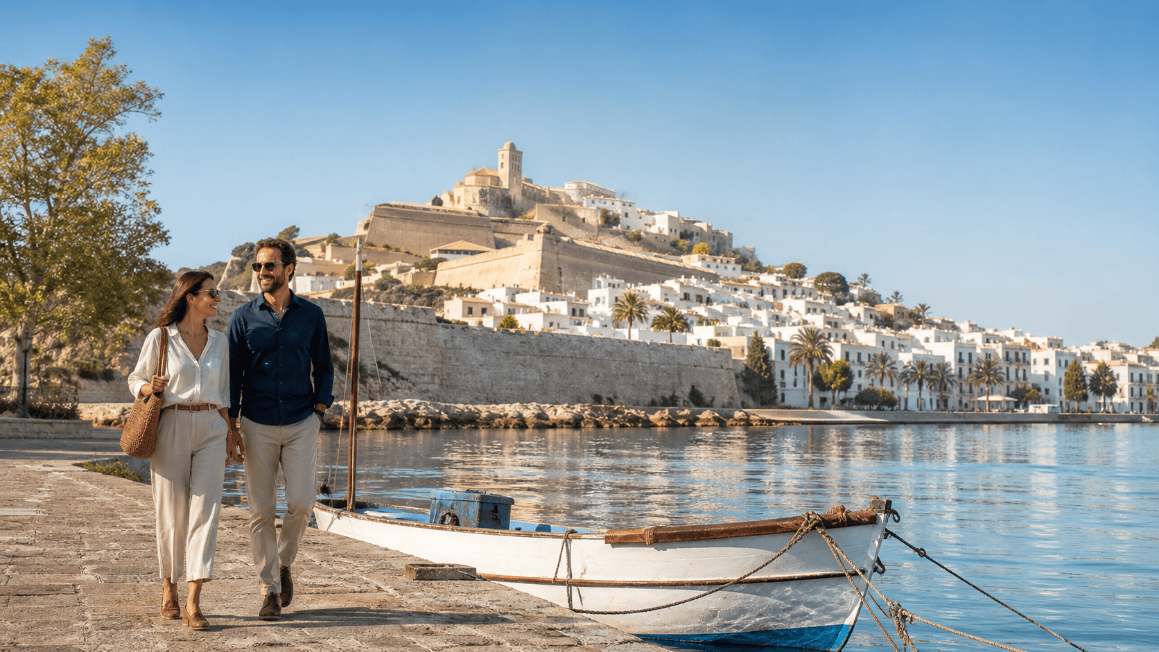 Sunlit Ibiza coastline with turquoise water, whitewashed buildings, and rocky hills beneath a clear blue sky.
