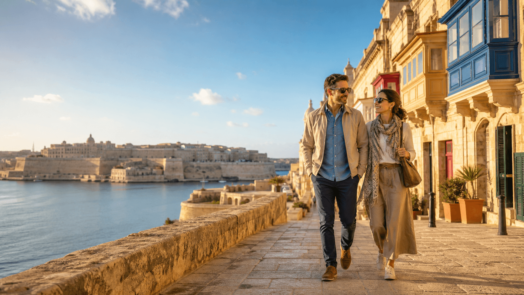 Sunlit Maltese coastal town with honey-colored stone buildings, blue sea, and a clear sky.